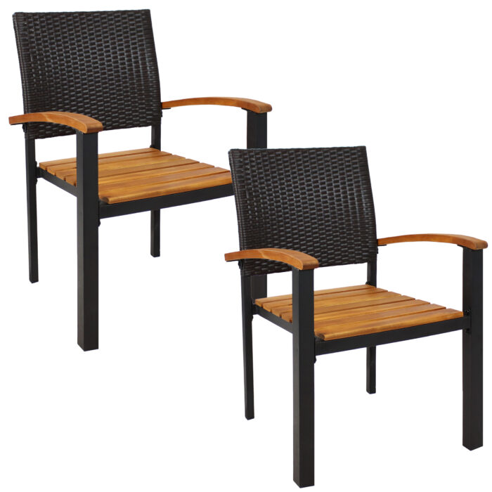 Sunnydaze Malachi Set of 2 Acacia Wood and Resin Rattan Outdoor Patio Armchairs