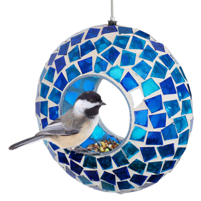 Sunnydaze Blue Mosaic Fly-Through Hanging Outdoor Bird Feeder - 6-Inch