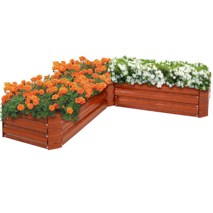 Galvanized Steel L-Shaped Raised Garden Bed - Woodgrain