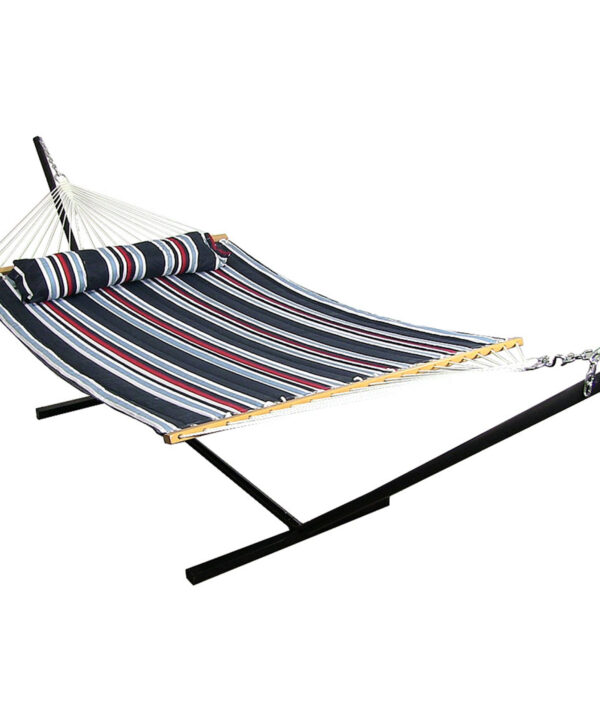 Sunnydaze 2 Person Freestanding Quilted Fabric Spreader Bar Hammock, Choose from 12 or 15 Foot Stand, Nautical Stripe, 12-Foot Stand