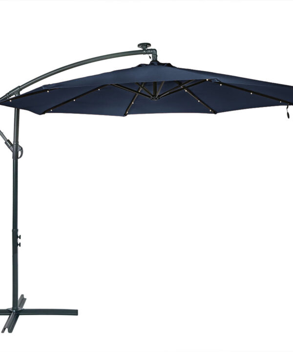 Sunnydaze Solar LED 10-Foot Offset Patio Umbrella with Cantilever, Crank, and Cross Base, Navy Blue