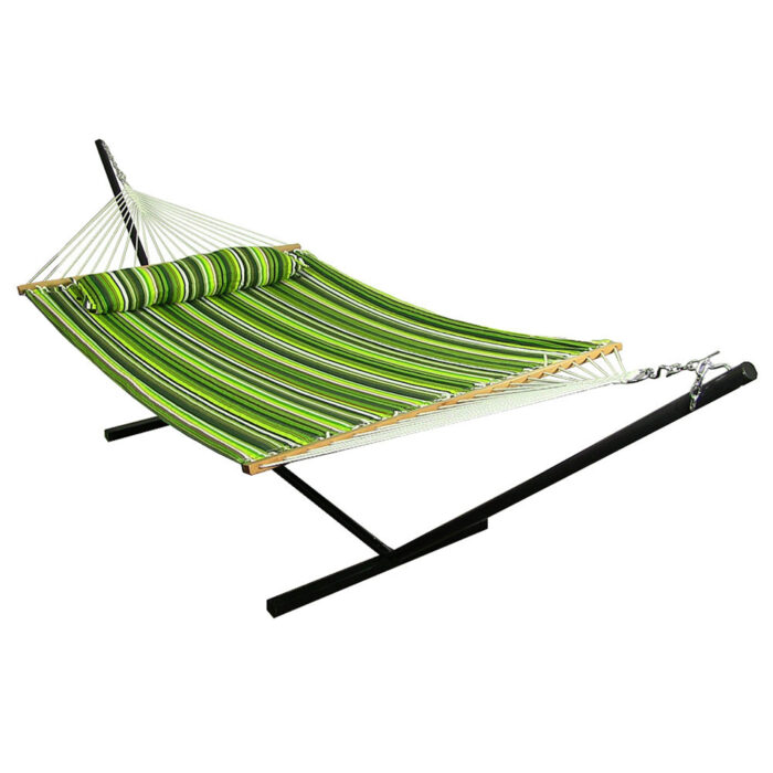 Sunnydaze 2 Person Freestanding Quilted Fabric Spreader Bar Hammock, Choose From 12 or 15 Foot Stand,  Melon Stripe, 12-Foot Stand