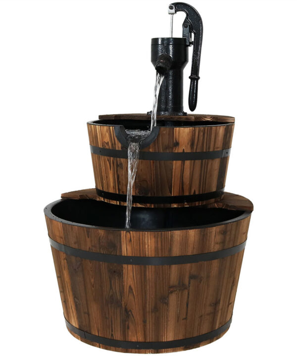 Sunnydaze Rustic 2-Tier Wood Barrel Water Fountain with Hand Pump - 34-Inch