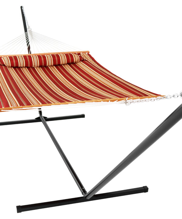 Sunnydaze 2 Person Freestanding Quilted Fabric Spreader Bar Hammock, Choose from 12 or 15 Foot Stand, Red Stripe, 15-Foot Stand