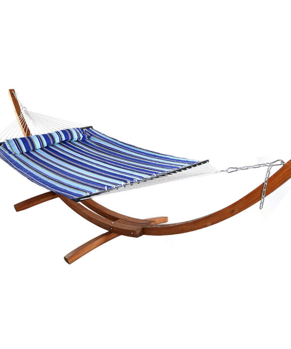 Sunnydaze Quilted Double Fabric 2-Person Hammock with Curved Arc Wood Stand, 400 Pound Capacity, Catalina Beach, 13-foot
