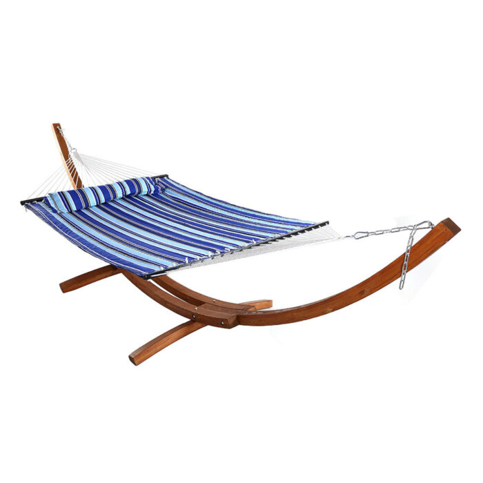 Sunnydaze Quilted Double Fabric 2-Person Hammock with Curved Arc Wood Stand, 400 Pound Capacity, Catalina Beach, 13-foot