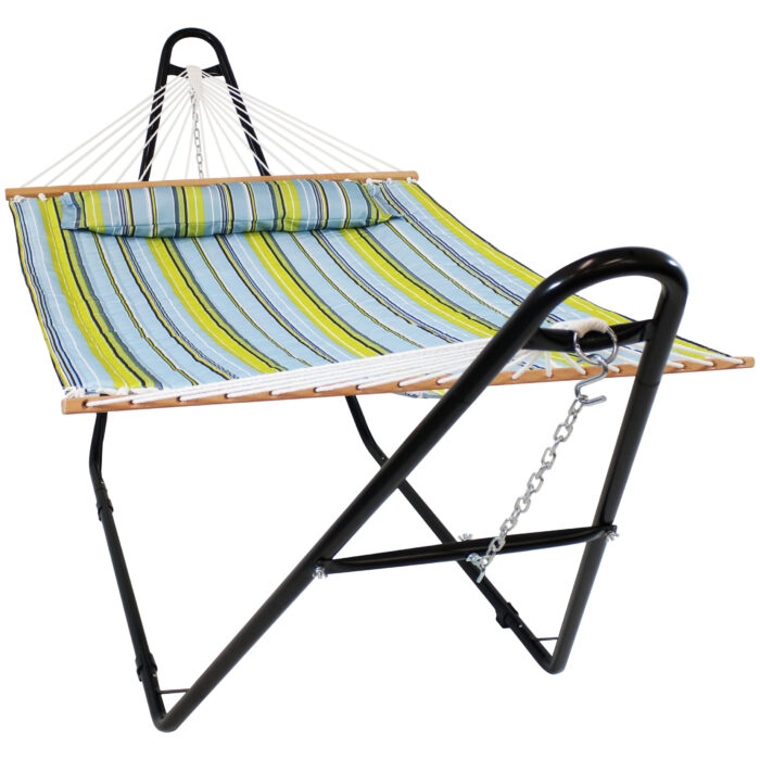 Sunnydaze Quilted 2 Person Hammock with Universal Stand - Blue & Green