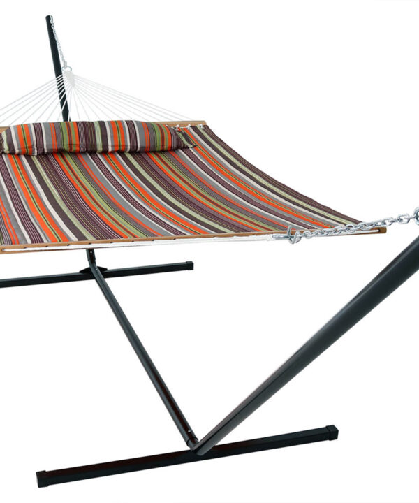 Sunnydaze 2 Person Freestanding Quilted Fabric Spreader Bar Hammock, Choose from 12 or 15 Foot Stand, Canyon Sunset, 15-Foot Stand
