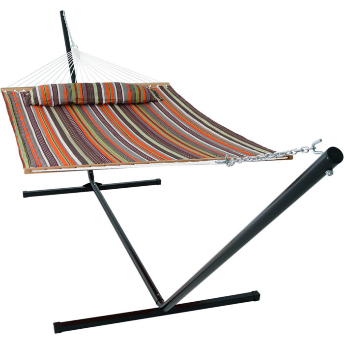 Sunnydaze 2 Person Freestanding Quilted Fabric Spreader Bar Hammock, Choose from 12 or 15 Foot Stand, Canyon Sunset, 15-Foot Stand