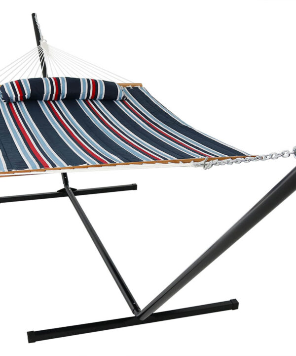 Sunnydaze 2 Person Freestanding Quilted Fabric Spreader Bar Hammock, Choose from 12 or 15 Foot Stand, Nautical Stripe, 15-Foot Stand