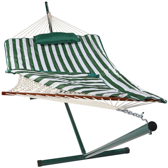 Sunnydaze Rope Hammock with 12-Foot Stand - Pad & Pillow - Green & White Stripe