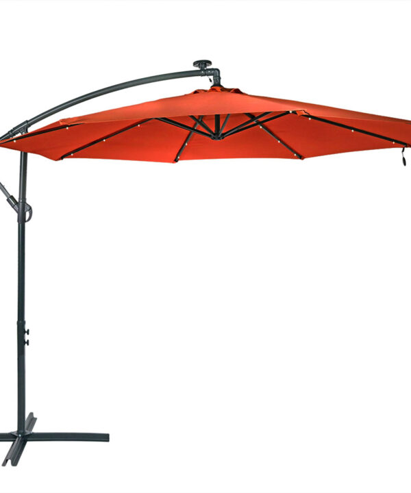 Sunnydaze Solar LED 10-Foot Offset Patio Umbrella with Cantilever, Crank, and Cross Base, Burnt Orange