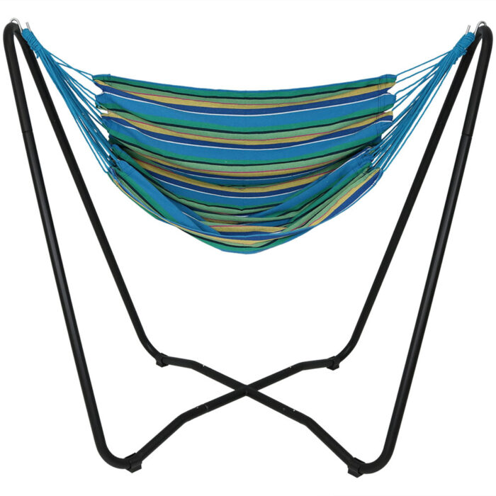 Sunnydaze 2-Point Hanging Hammock Chair Swing and  Space-Saving "A" Stand Set, for Outdoor Use, Ocean Breeze