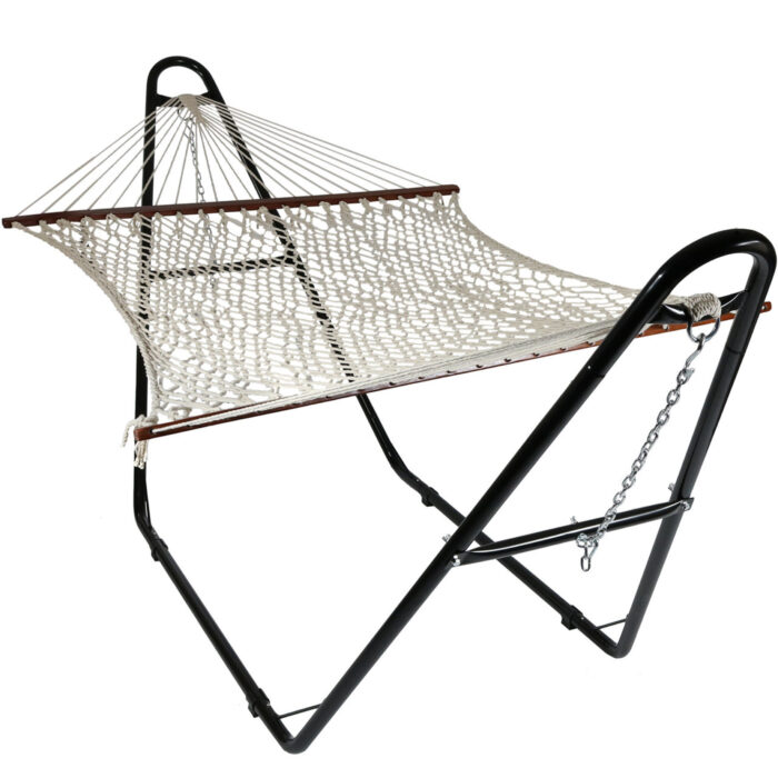 Sunnydaze 2 Person Cotton Rope Hammock with Spreader Bar & Universal Stand