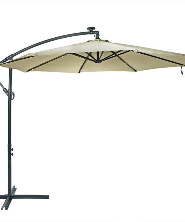 Sunnydaze Solar LED 10-Foot Offset Patio Umbrella with Cantilever, Crank, and Cross Base, Beige