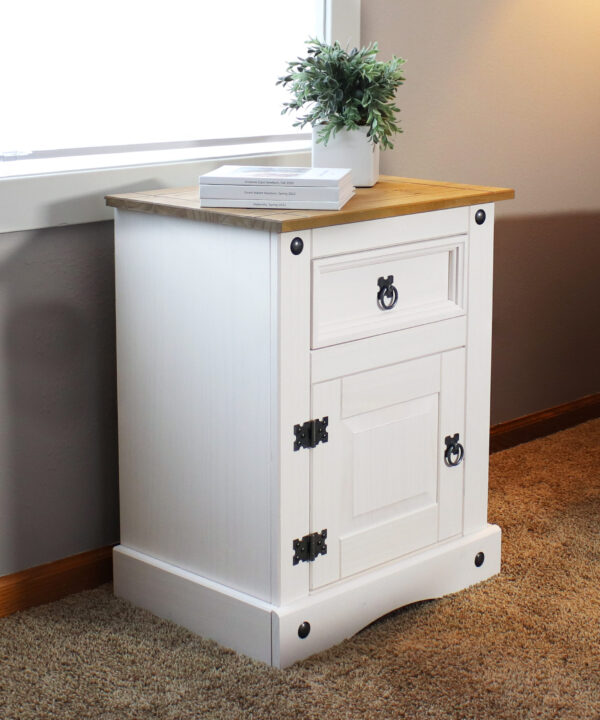 Solid Pine End Table with Drawer and Door – White Solid Pine End Table with Drawer and Door – White