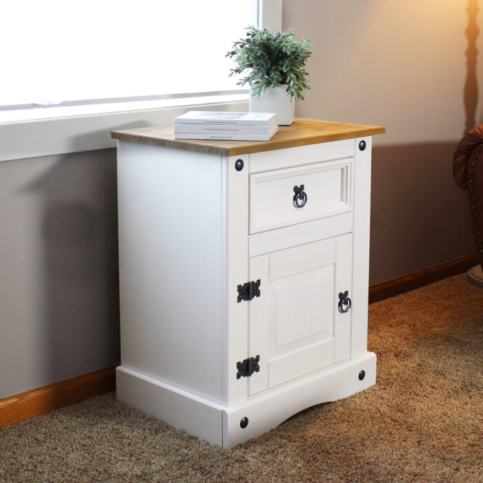 Solid Pine End Table with Drawer and Door – White