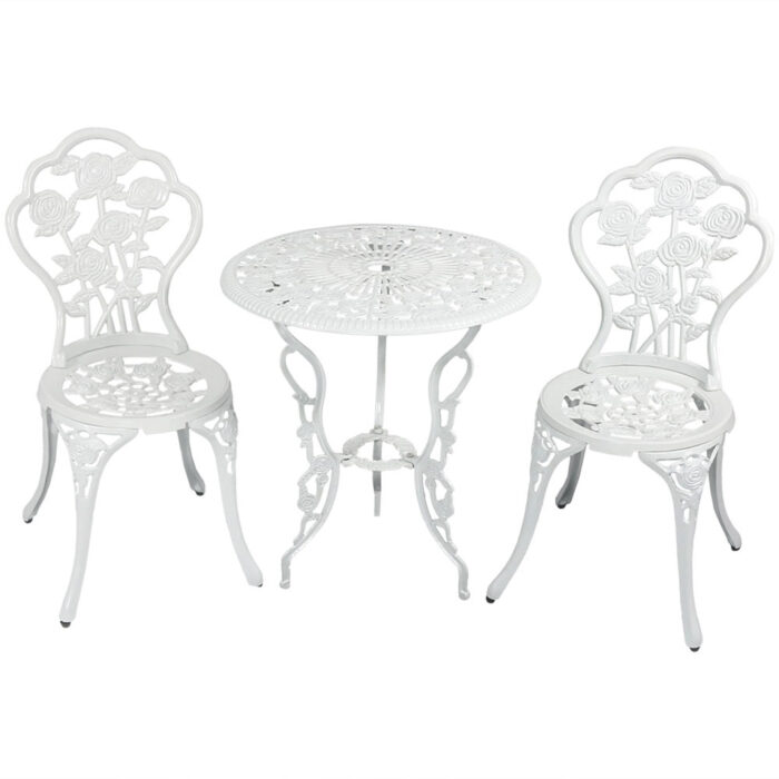 Sunnydaze 3-Piece Flower Designed Cast Aluminum Bistro - White