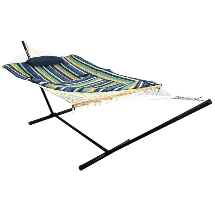 Sunnydaze Rope Hammock with 12-Foot Stand - Pad & Pillow - Lakeview