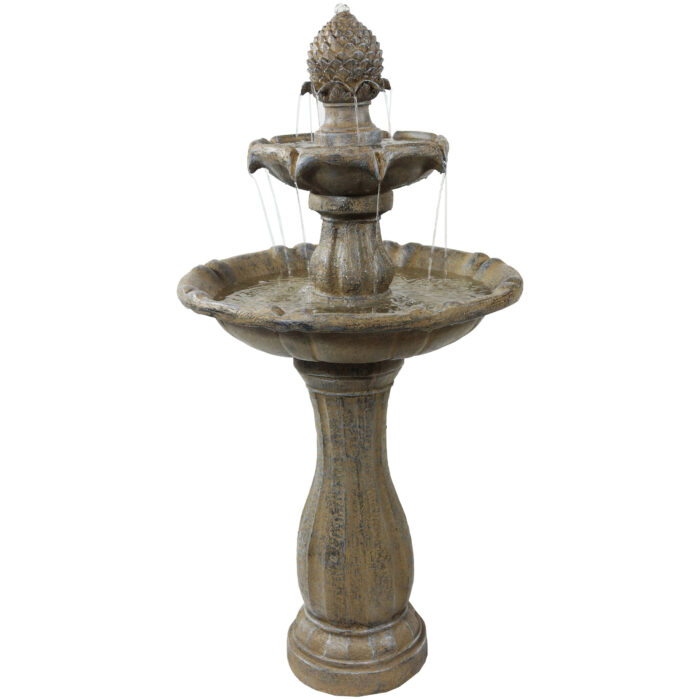 Sunnydaze 2-Tier Pineapple Solar Fountain with Battery Backup, Earth Finish, 46 Inch Tall, No