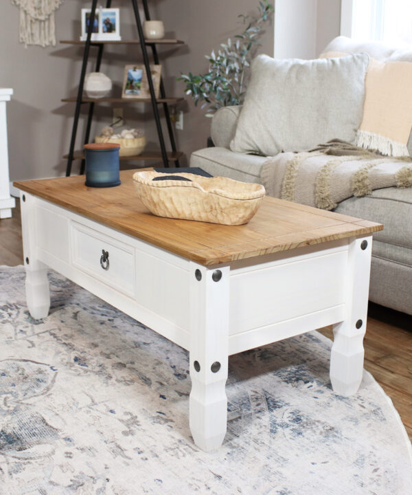 Solid Pine Coffee Table with Drawer – White