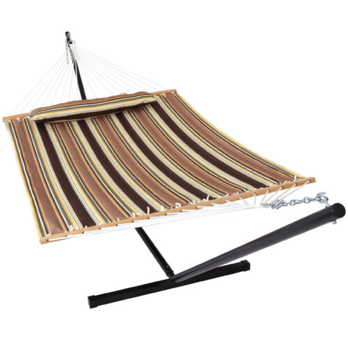 Sunnydaze 2 Person Freestanding Quilted Fabric Spreader Bar Hammock, Choose from 12 or 15 Foot Stand, Sandy Beach, 12-Foot Stand