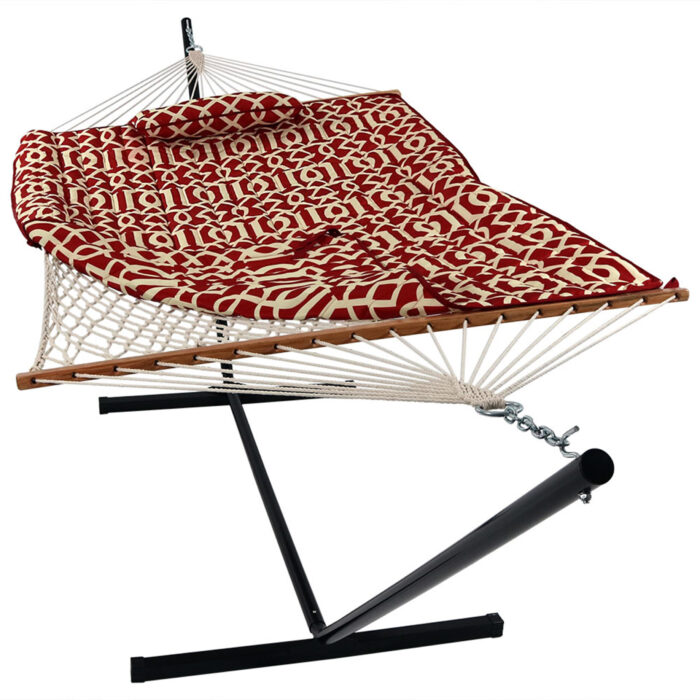 Sunnydaze Cotton Rope Hammock with 12 Foot Steel Stand, Pad and Pillow, 275 Pound Capacity, Royal Red