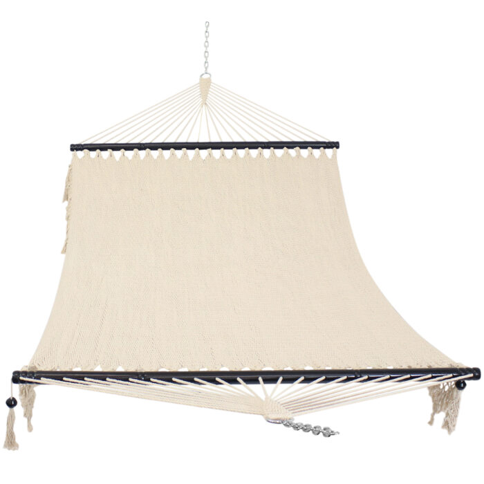 Sunnydaze 2-Person Woven Hammock with Wooden Spreader Bars - White