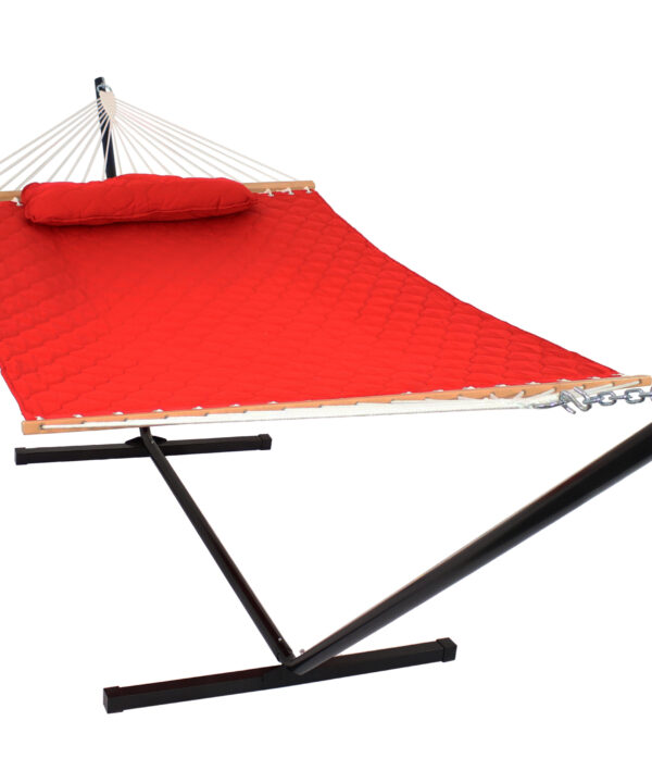 Sunnydaze Quilted Designs Double Fabric 2 Person Hammock with Spreader Bars and Pillow, Red, Hammock With Stand