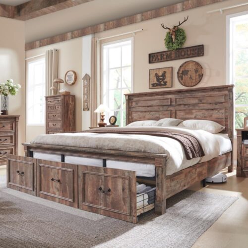 Farmhouse King Size Bed Frame with 51" Tall Headboard, Wood Platform Bed Frame with 20" Tall Roman Column Decoration Footboard & 3 Large Storage Drawers, No Box Spring Needed (Light Brown)