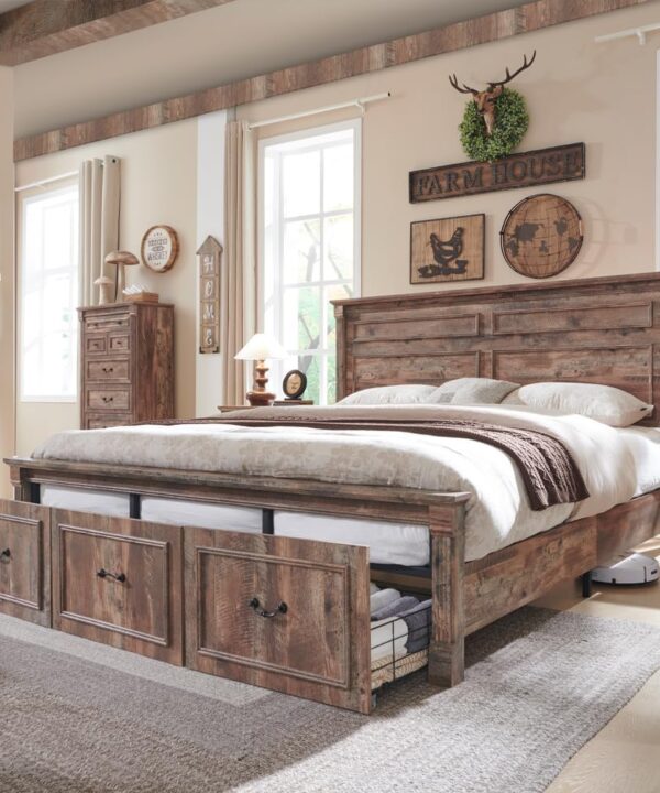Farmhouse King Size Bed Frame with 51" Tall Headboard, Wood Platform Bed Frame with 20" Tall Roman Column Decoration Footboard & 3 Large Storage Drawers, No Box Spring Needed (Light Brown)