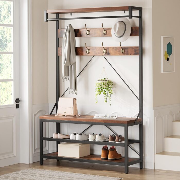 IDEALHOUSE Coat Rack Shoe Bench Industrial Hall Tree Storage Bench for Entryway
